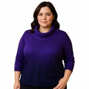 Essentials Women’s 1X Purple Ombre Rhinestone Cowl Neck Sweater 3/4 Sleeve